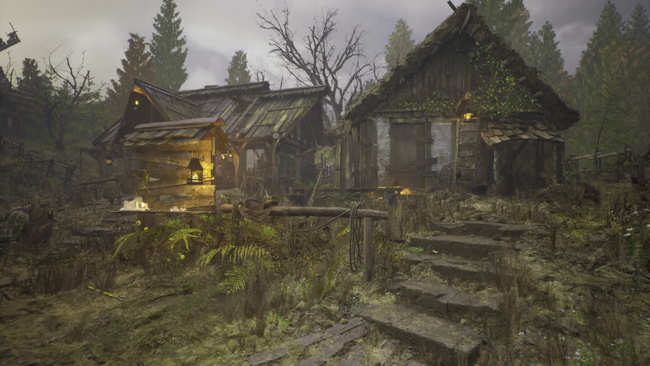 Mysterious abandoned village in the forest illuminated by soft lantern light