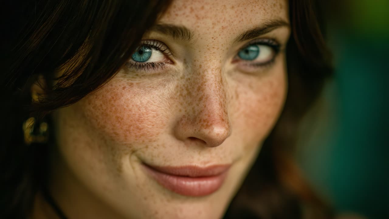 A Captivating Close-Up of a Young Woman with Freckles and Striking Blue Eyes, Showcasing Her Warm Smile and Unique Beauty in a Natural Setting
