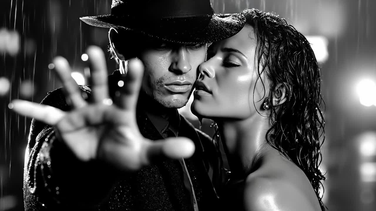 A man and a woman in the rain with a hat on