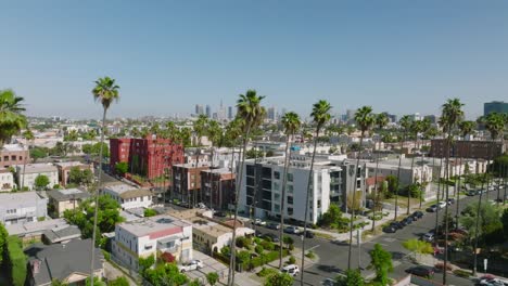 Flug-über-Einer-Von-Palmen-Gesäumten-Straße-In-Los-Angeles-An-Einem-Sonnigen-Tag,-Drohnenaufnahme-Mit-Blick-Auf-Die-Dächer-Und-Die-Skyline-Von-Los-Angeles-Am-Horizont