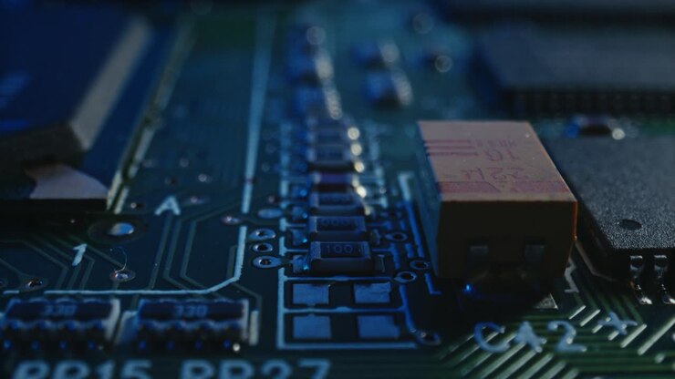 Primo piano di una scheda elettronica con ripresa in allontanamento che mostra componenti elettronici complessi