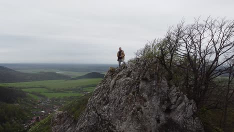 viajante com mochila chegando ao topo de um penhasco de montanha afiado sobre um vale verde com pequenas colinas de floresta de cor plana da aldeia