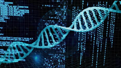 animation of dna strand, data processing over scope scanning on black background