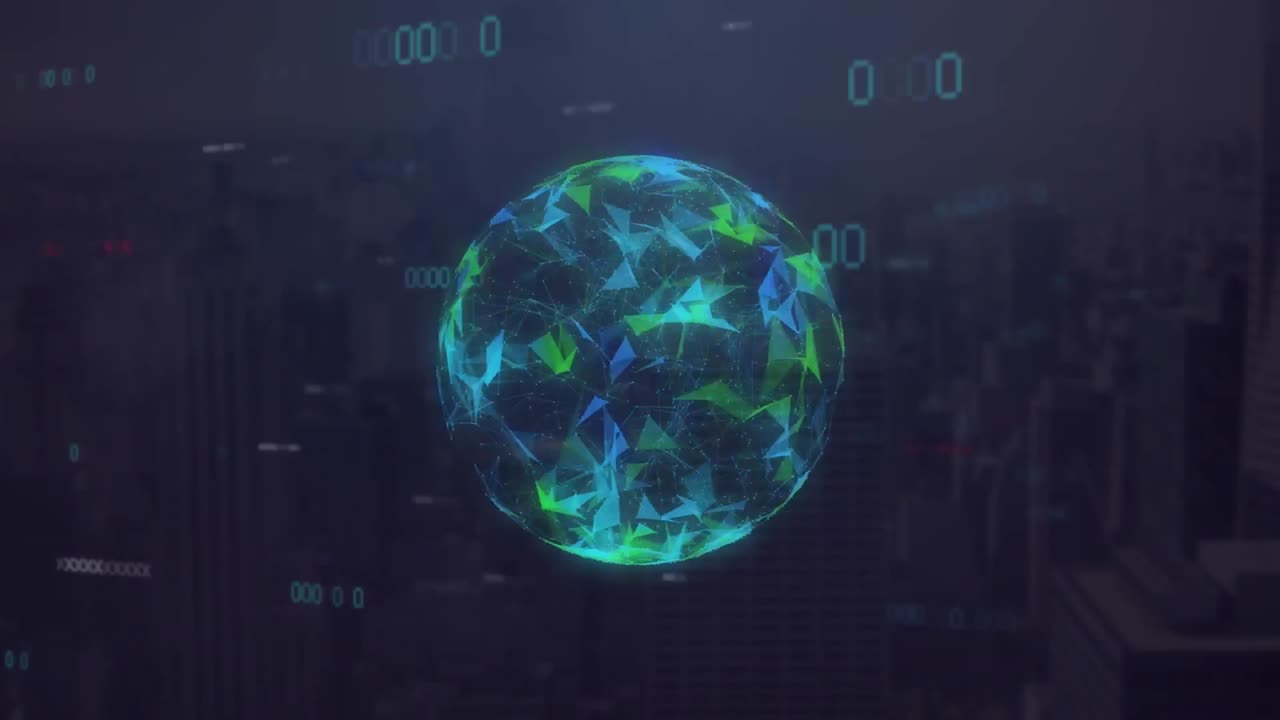 Animation of binary coding and data processing over globe
