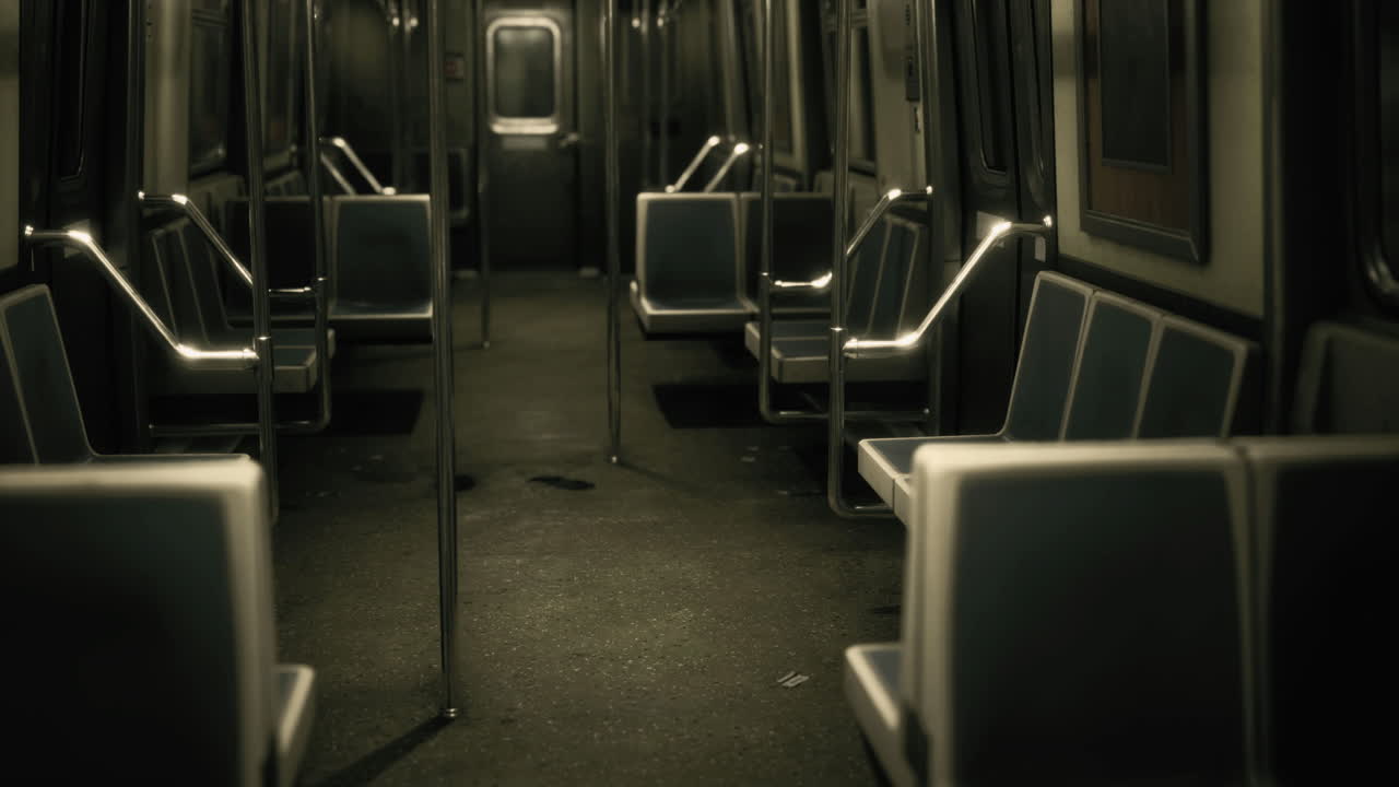 Empty subway train interior at night with dim lighting and clean seats