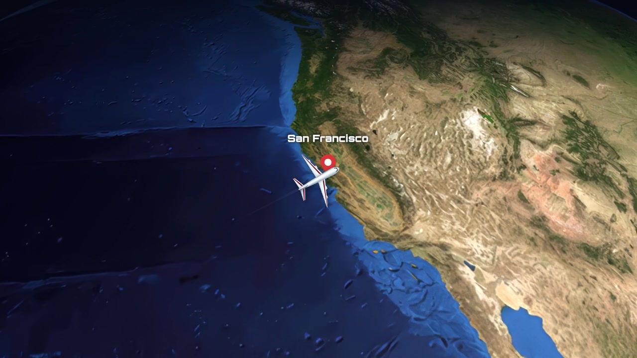 Satellite map animation follows a commercial airplane flying across the Pacific Ocean toward North America