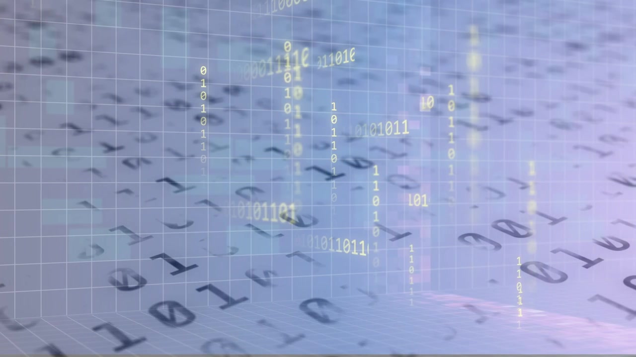 Binary pattern shifting, grid lighting sparking rising streams, spreading then fading, showing data