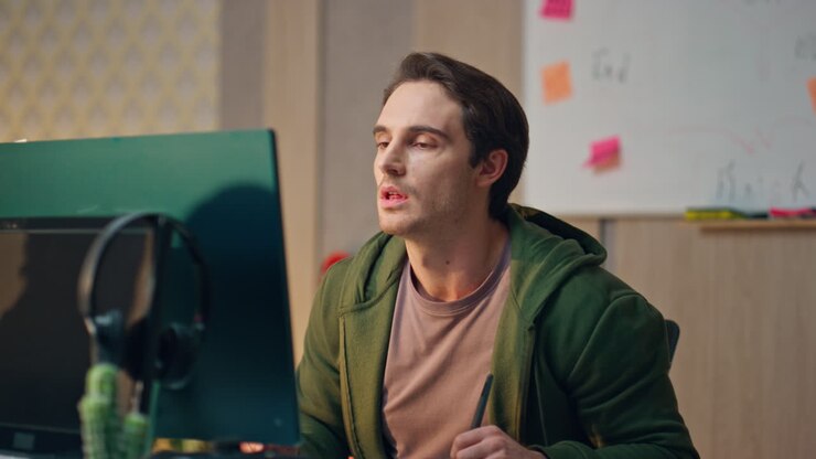 Talking freelancer watching monitor at workplace close up. Guy staring computer