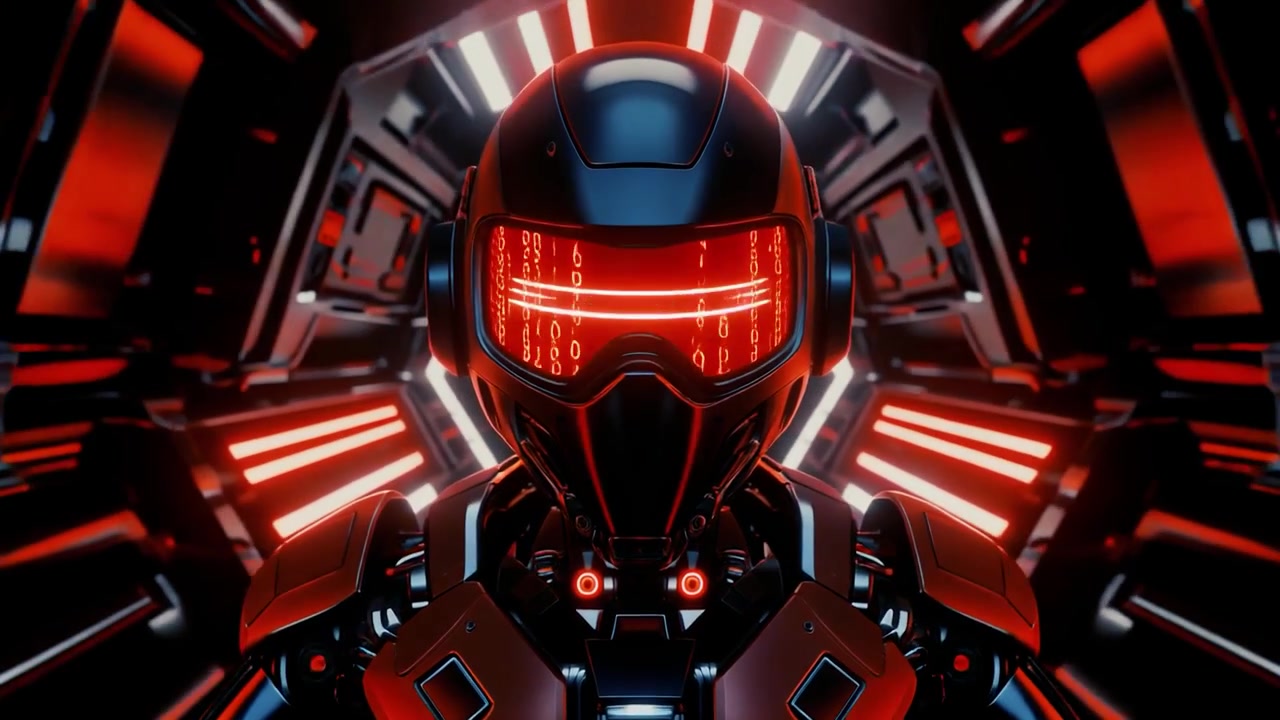 Futuristický kyborg robot s digitálním zobrazením binárního kódu v sci-fi koridoru