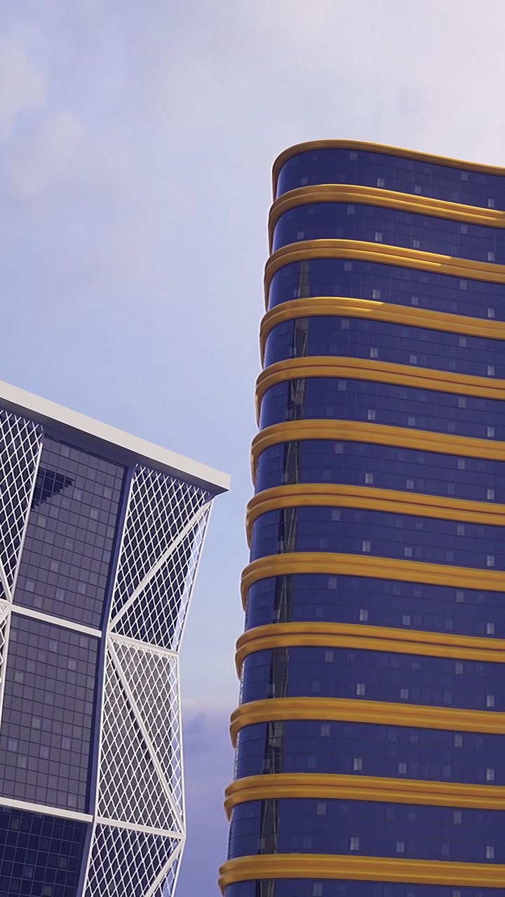 Vista de edifícios modernos com designs geométricos em contraste com um céu nublado.