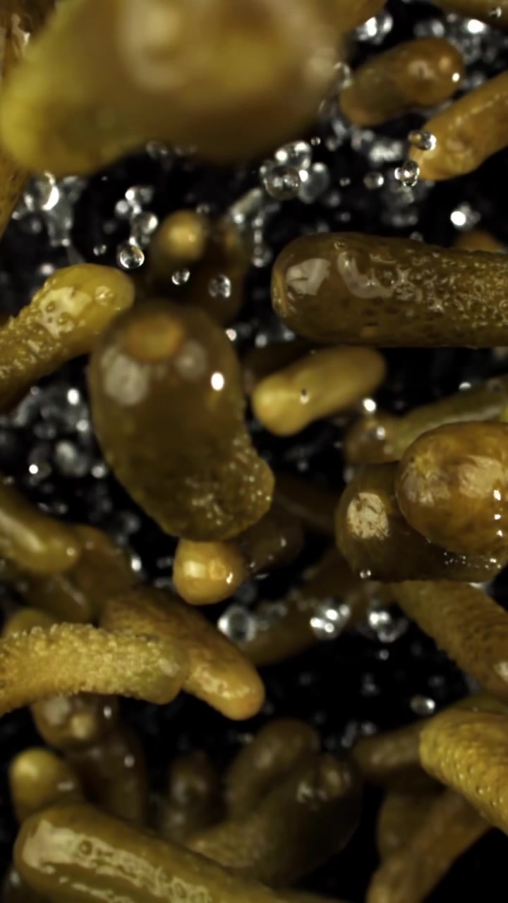 Cetriolini freschi in caduta al rallentatore con gocce d'acqua