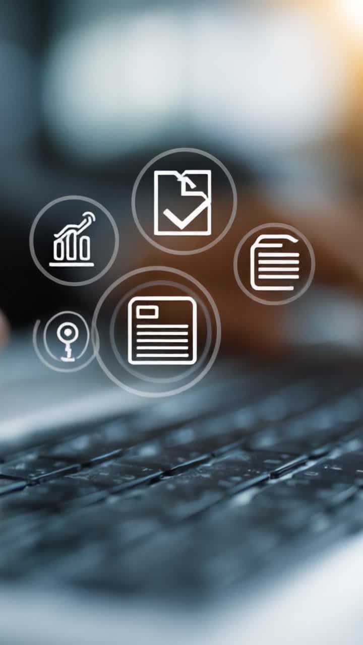 A Focused User Interacting with Digital Icons Representing Data Management, Tracking, and Documentation on a Keyboard in a Professional Environment