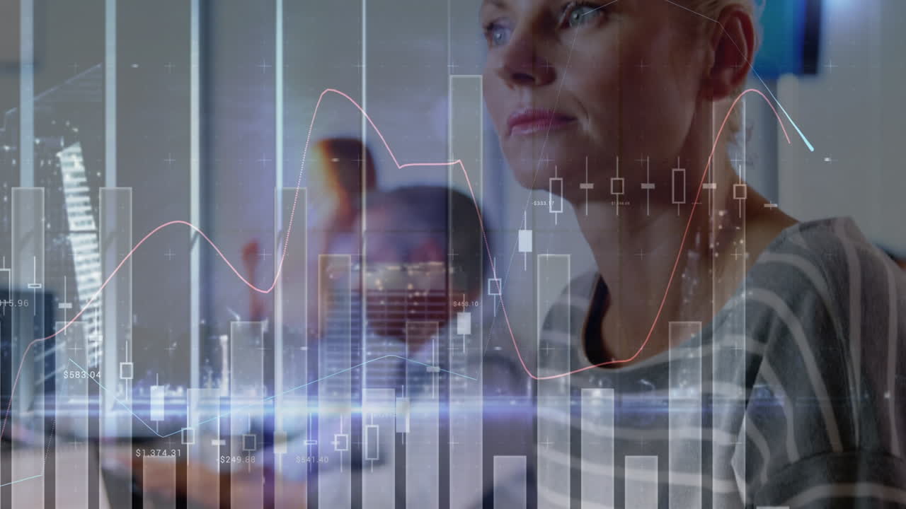 Animation of financial data processing over diverse business people using computers