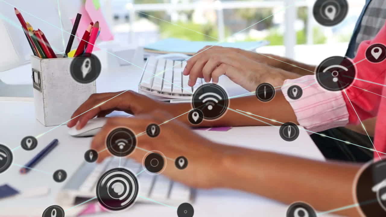 Animation of network of connections with wifi icons over diverse business people in office