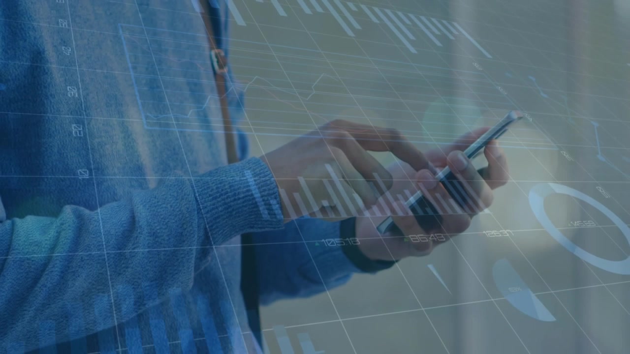 Animazione di più grafici con numeri variabili, uomo caucasico che scorre sullo smartphone