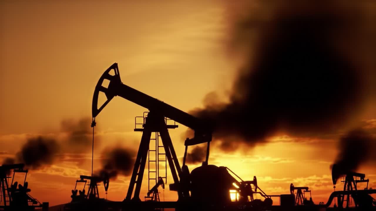 Dramatic Sunset Silhouettes of Oil Drilling Rigs Against a Vibrant Sky with Smoky Emissions and Cascading Oil, Capturing the Essence of Energy Production