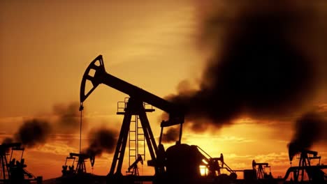 dramatic sunset silhouettes of oil drilling rigs against a vibrant sky with smoky emissions and cascading oil, capturing the essence of energy production