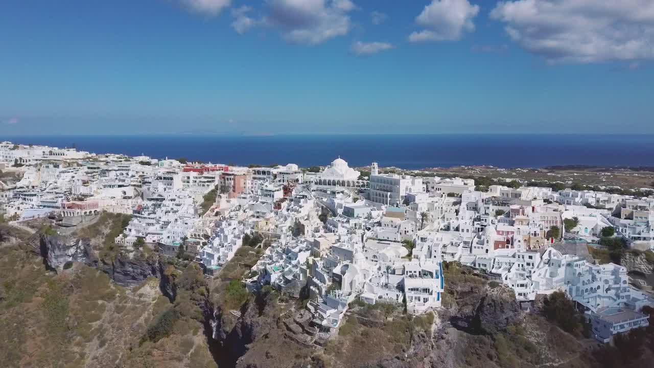 4k close aerial drone video footage of santorini fira city town caldera cliffs scenery