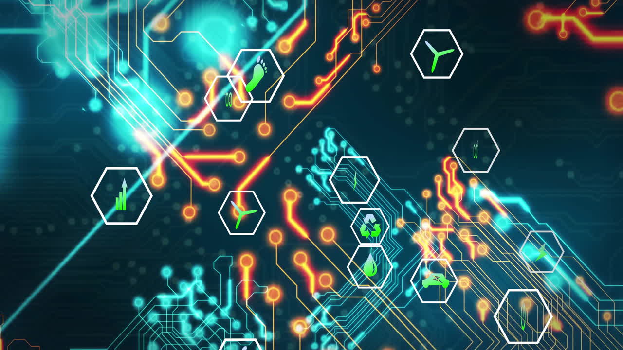 Glowing turquoise circuits branching from center hub, showcasing eco icons inside hex frames