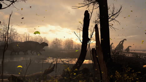 3D-Rendering-Animation-Verschiedener-Dinosaurierarten,-Die-Gemeinsam-Auf-Einem-Offenen-Feld-In-Einer-Prähistorischen-Umgebung-Im-VFX-Format-Spazieren