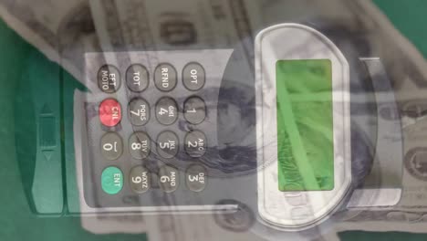 Animation-of-american-dollar-banknotes-spinning-over-casino-chips-payment-terminal