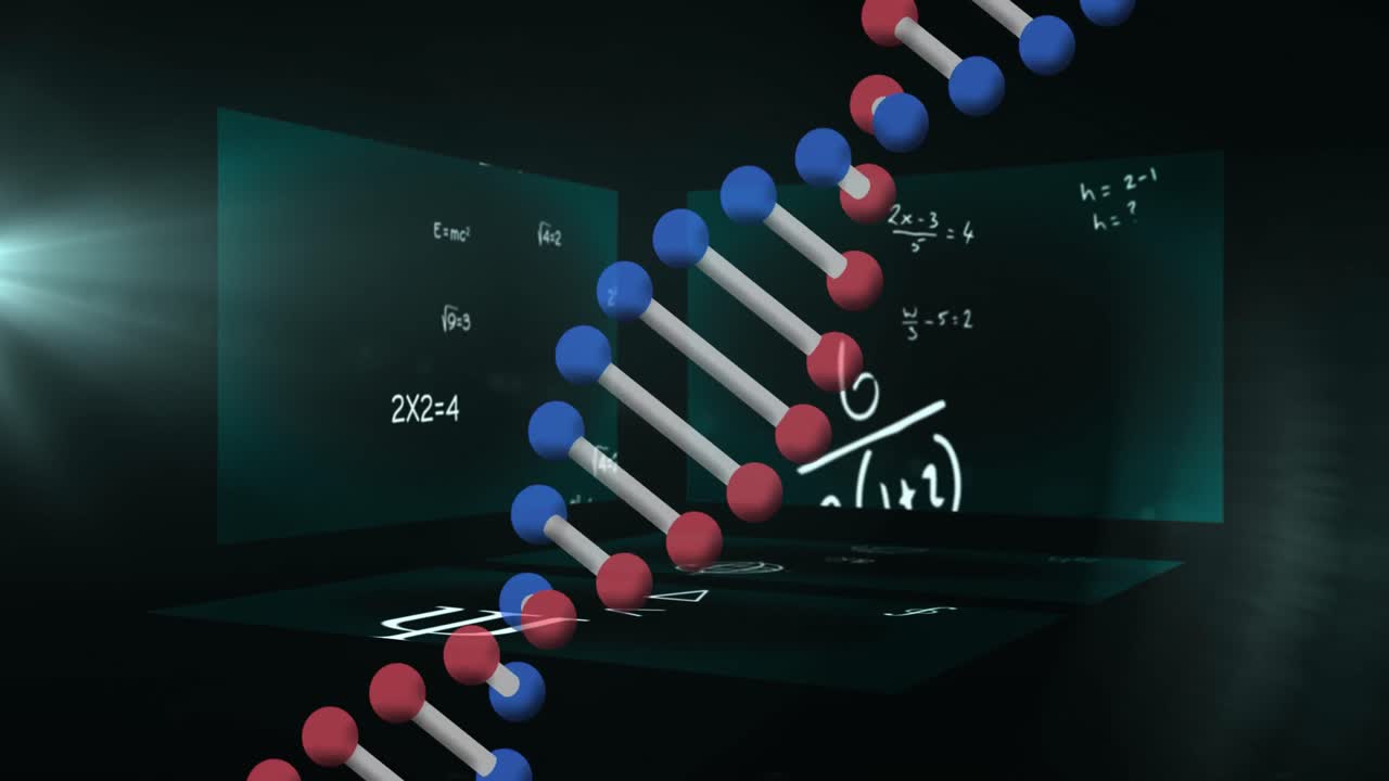 화면에서 방정식 위에 회전하는 dna 가닥의 애니메이션