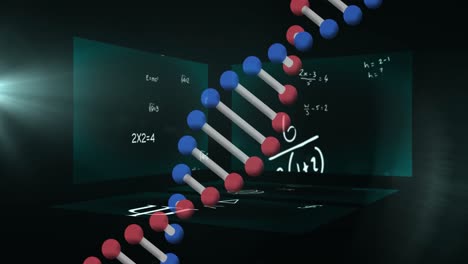 animación de una cadena de adn girando sobre ecuaciones en pantallas