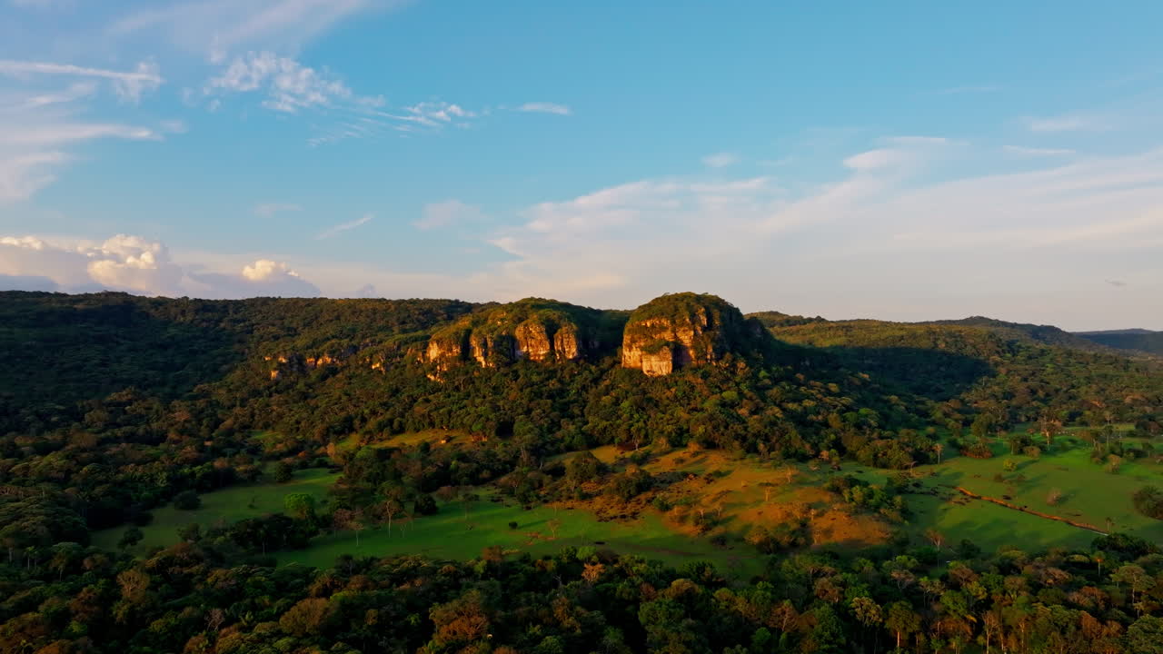 Ripresa aerea con drone dell'Amazzonia all'alba, che mostra la morbida luce del sole diffondersi sulle cime lussureggianti della giungla e la bellezza remota della foresta