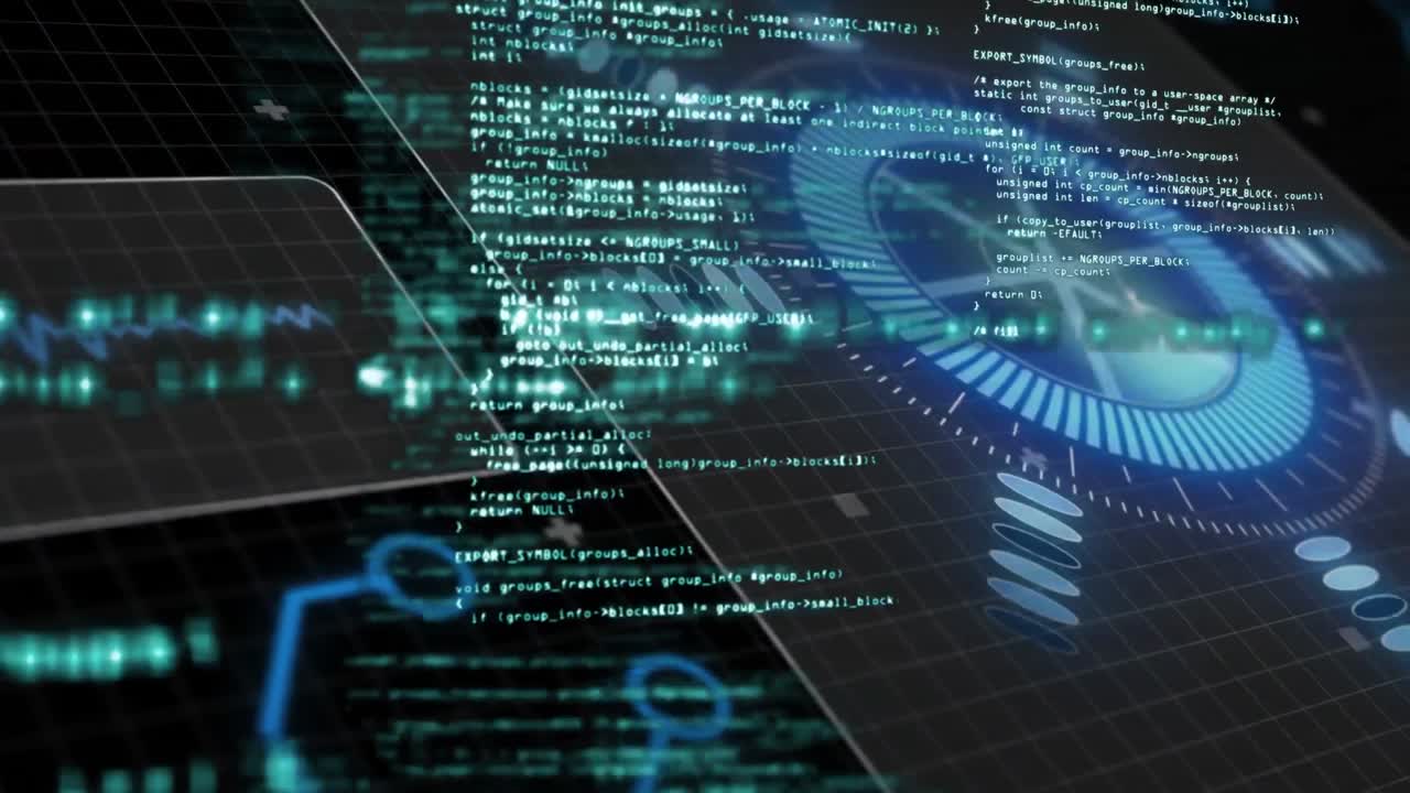 Animation of interface with round scanner and data processing against black background