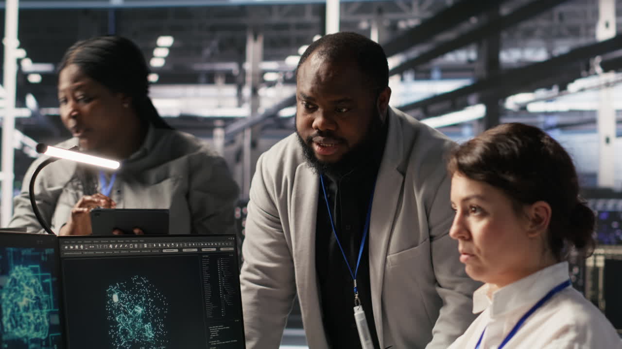 Vertical video Engineering team in data center using AI automation