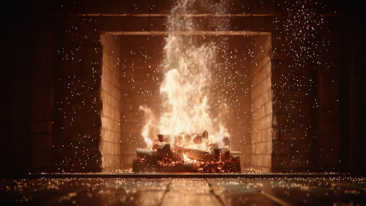 Captivating Flames Dance in a Cozy Fireplace, Illuminating the Surroundings with Glimmering Sparks and Creating an Inviting Atmosphere of Warmth and Comfort