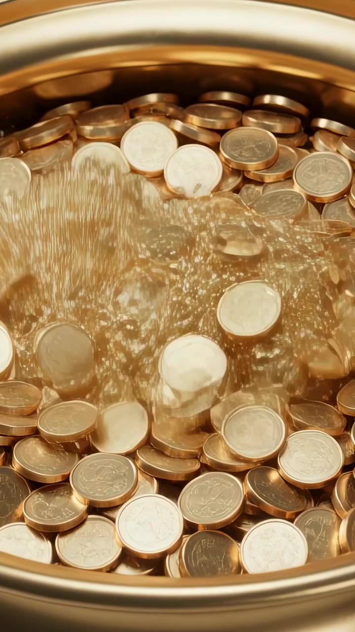 Vertical video: Pouring golden liquid from left hitting coin pile in metal bowl, making splashes