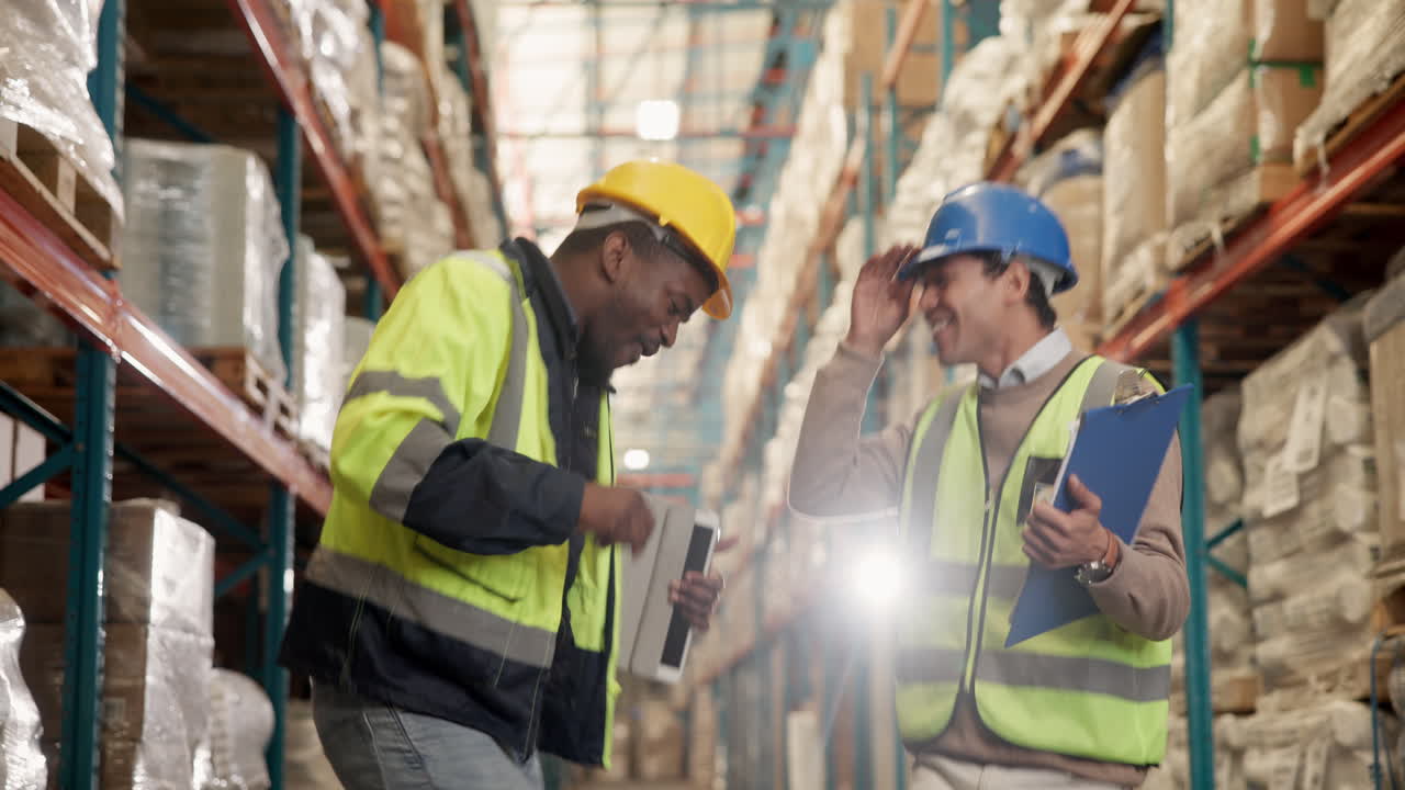 Warehouse workers in safety gear laughing together in a warehouse