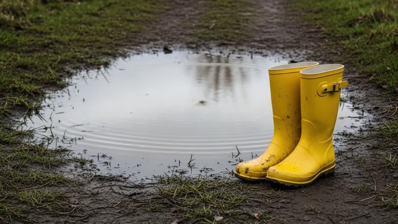 A Serene Moment Captured in the Wilderness: Yellow Rain Boots Nestled Beside a Tranquil Puddle on a Rainy Day Reflecting Nature's Beauty