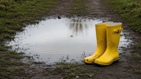 a serene moment captured in the wilderness: yellow rain boots nestled beside a tranquil puddle on a rainy day reflecting nature's beauty