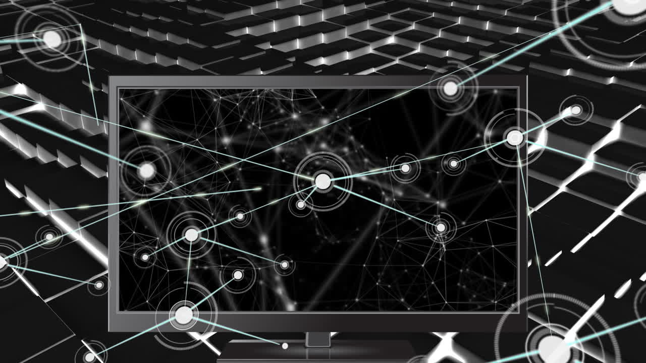 컴퓨터와 검은 사각형을 통한 연결 네트워크의 애니메이션