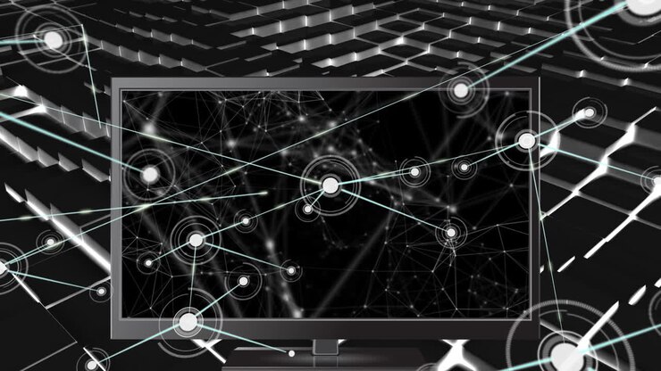 Animation of network of connections over computer and black squares