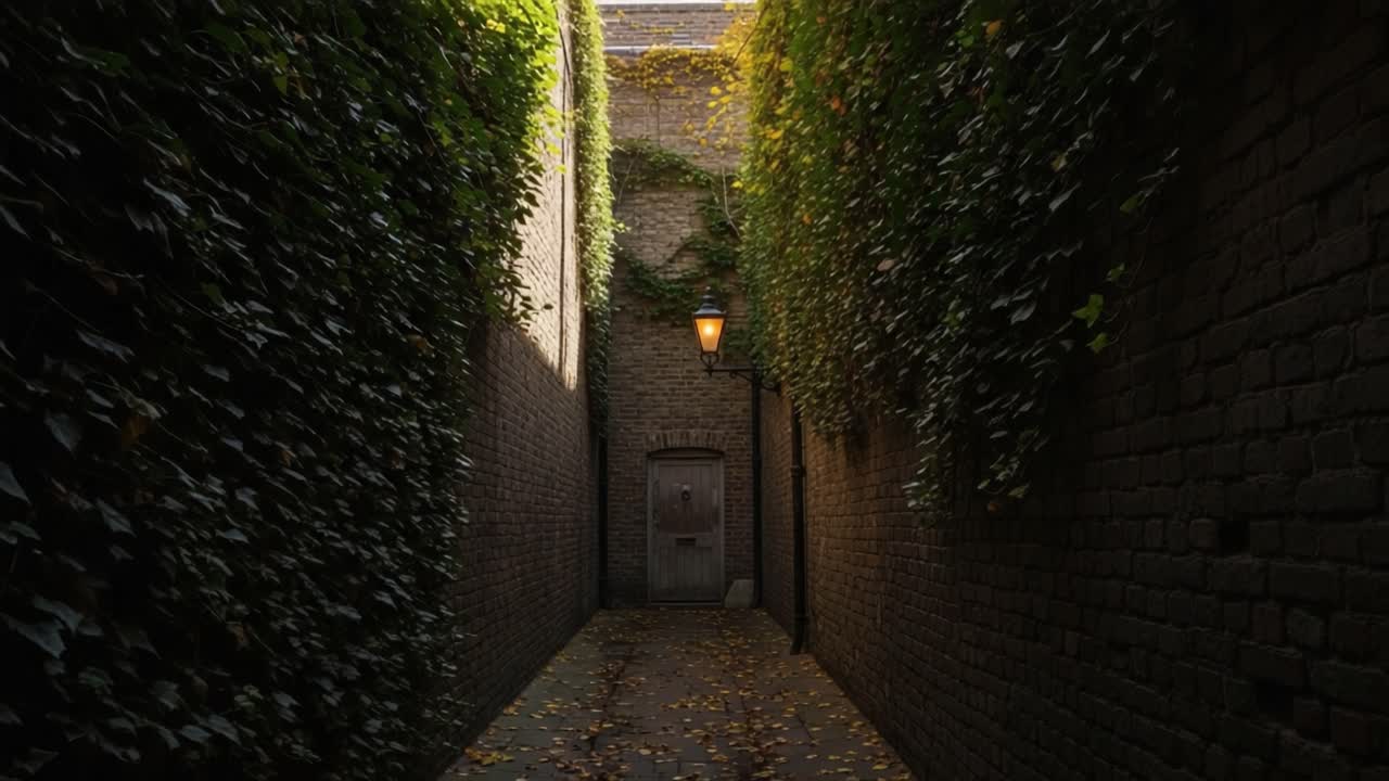 A Serene Passageway Illuminated by Lantern Light, Framed by Lush Greenery and Cobblestone Pathways, Inviting Exploration into a Hidden Retreat