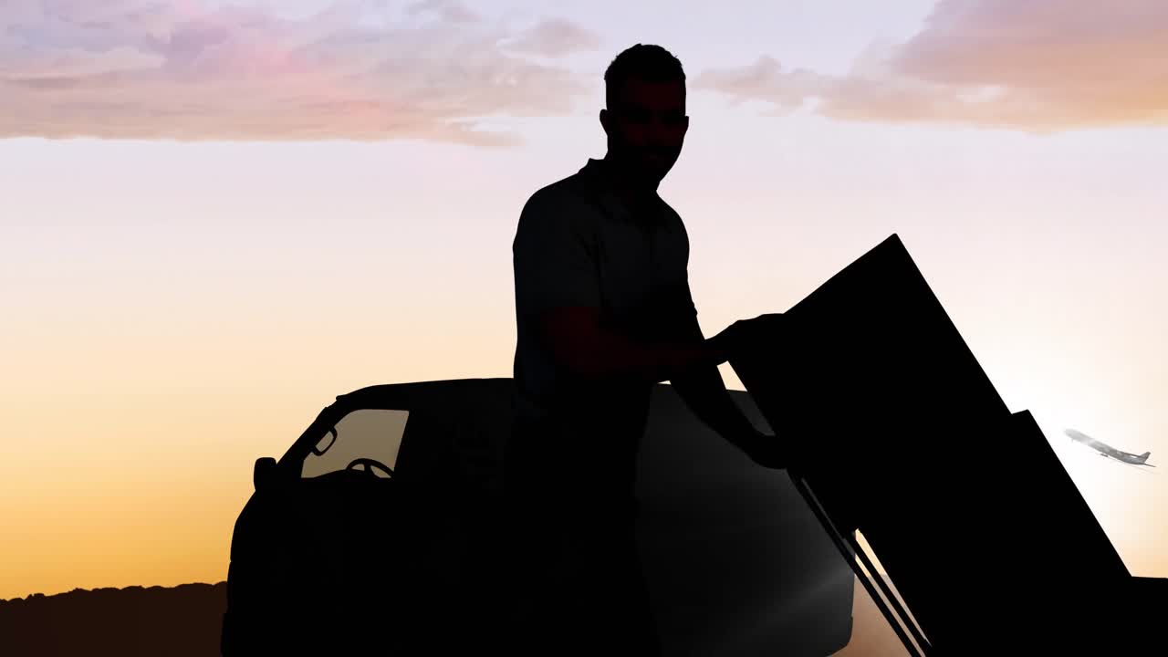 Animazione di un fattorino in silhouette con un carrello carico che si muove sopra un furgone e un aereo che decolla.