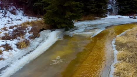 Winterschmelze-Fluss-Kurvige-Schneebänke-Bäume-Kiefer-Nahaufnahme-Mineralvorkommen-Goldenes-Heu-Büsche-Wildnispassage-Den-Fluss-Hinunter-Zum-Steinkanal-Brücke-Trennt-Wildtiere-Den-Zugang-Zur-Anderen-Seite-Des-Waldes