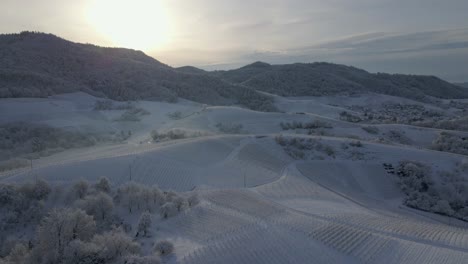 Snow-Covered-Hills-With-Vineyard-On-Winter-Sunset-At-Zell-Weierbach,-Offenburg,-Germany---Aerial-Drone-Shot,-Pull-Back