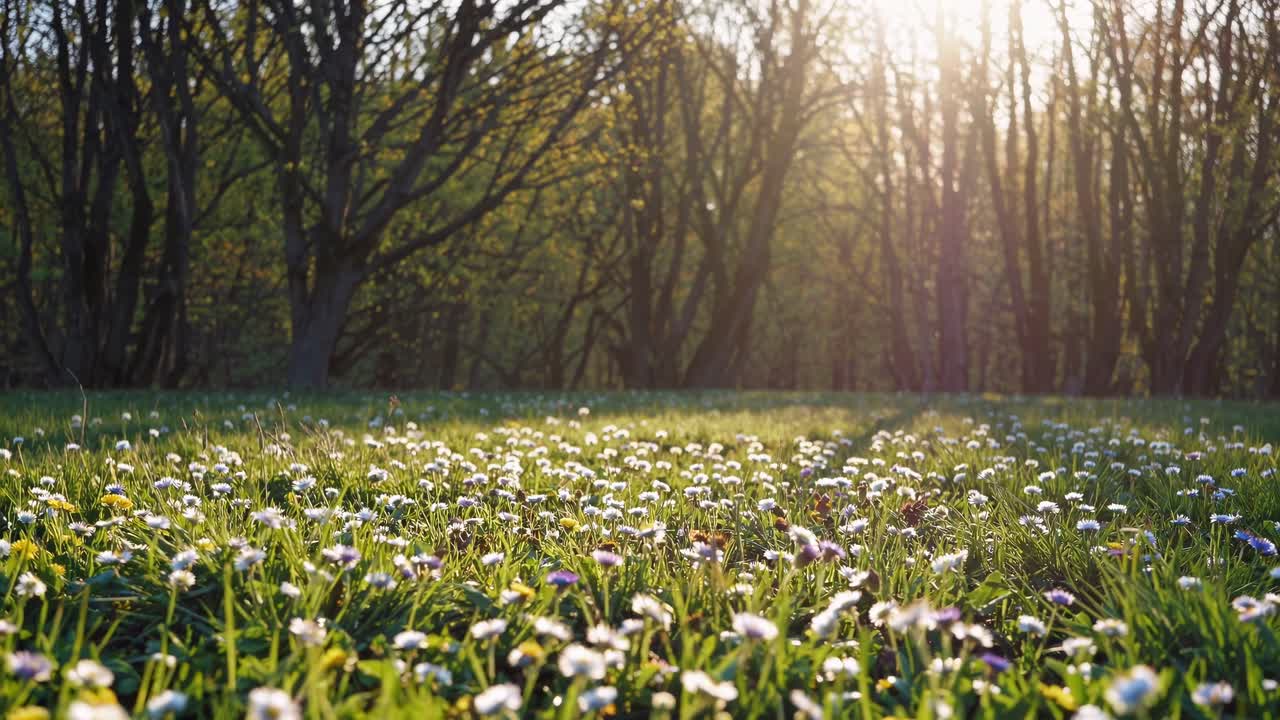 la cálida luz dorada del sol bañando las flores silvestres en flor en el vibrante prado, el fondo del bosque exuberante creando un paisaje sereno de primavera con suave iluminación natural