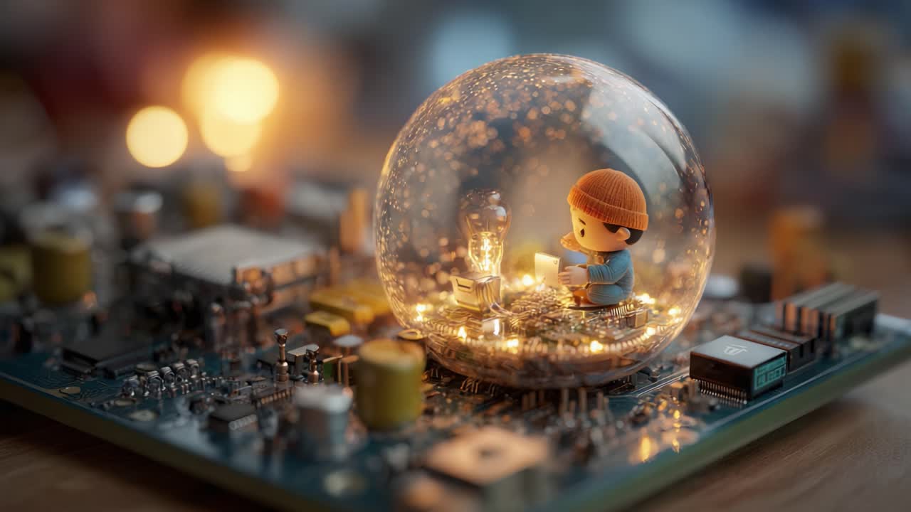 A Whimsical Journey in a Magical Glass Dome: A Charming Character Surrounded by a Sparkling Circuit Board Universe, Illuminated by Soft Lights and Embraced by Technological Wonders
