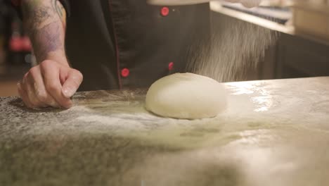 chef preparing pizza toppings in a restaurant kitchen