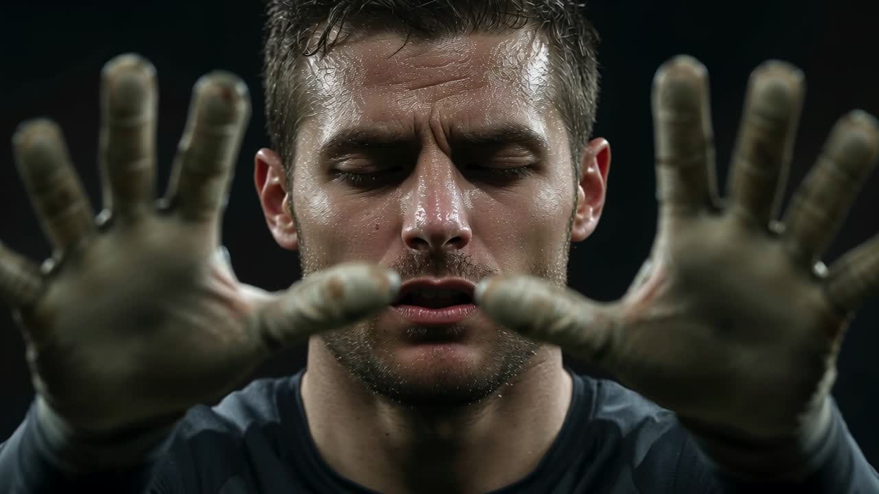 Breathing, male athlete wearing dark top holding gloved hands forward in studio, preparing for save