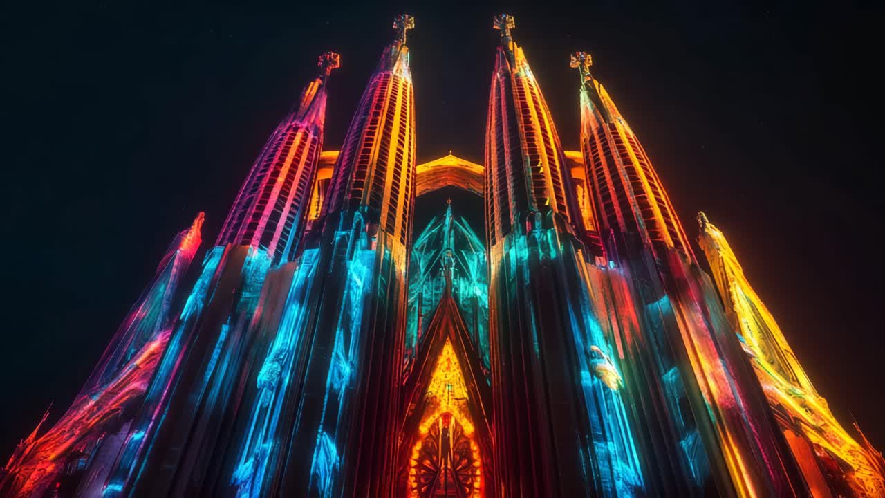 Sagrada Familia at Night with Colorful Lights