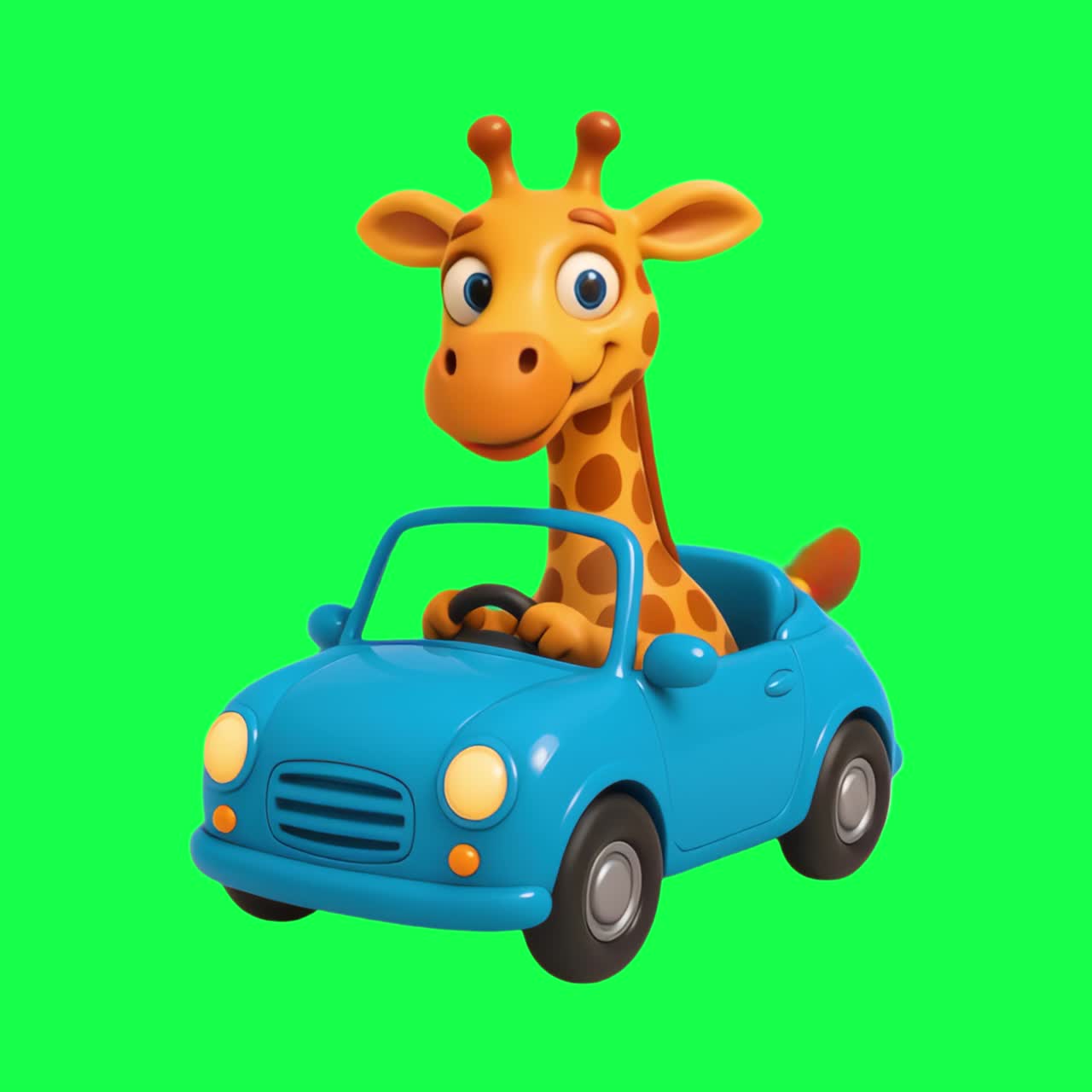 Animazione di una giraffa giocosa che guida un'auto giocattolo, video 4K trasparente, green screen