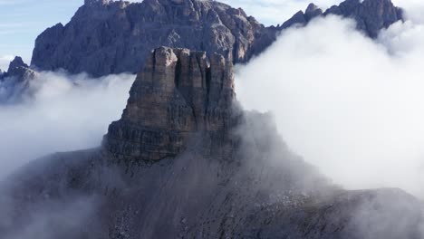 torre di toblin mountain peak in dolomites italy, aerial close up view