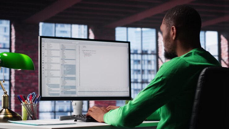 Vertical Video Black IT expert looking at user interface on computer at home office