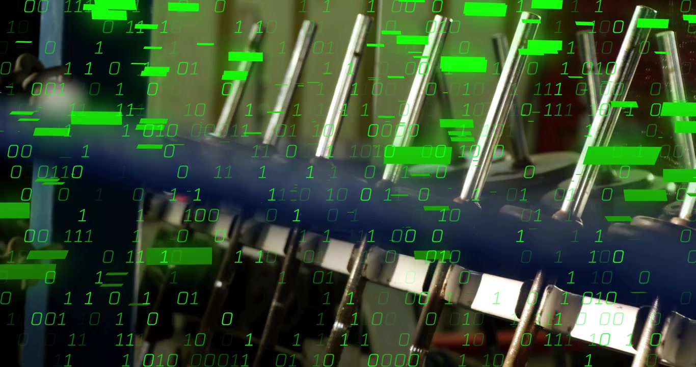 Metal rods static before green binary code drifting, representing digital transformation